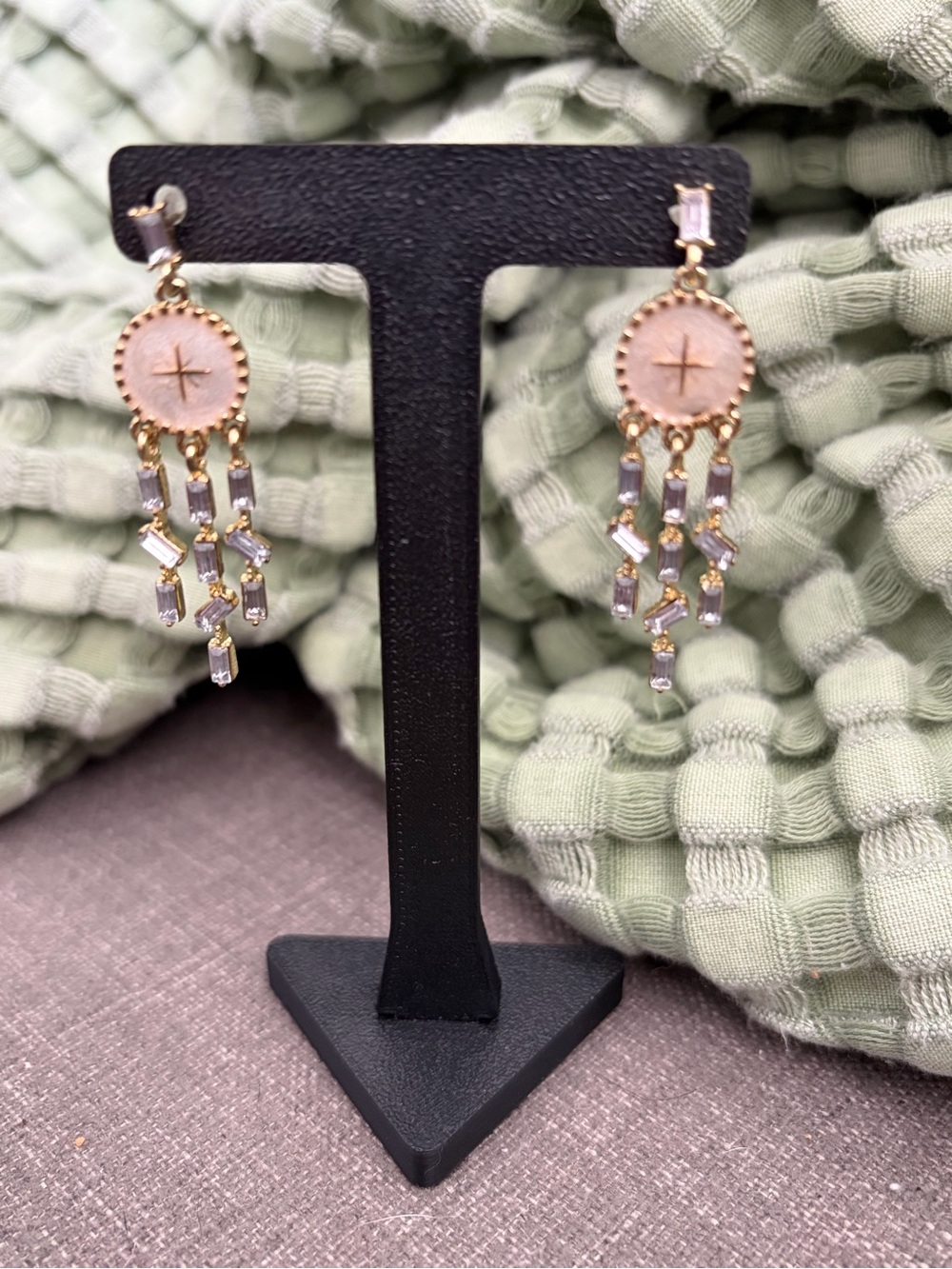 Crystal Cross Chandelier Earrings Gold Tone Statement Dangles